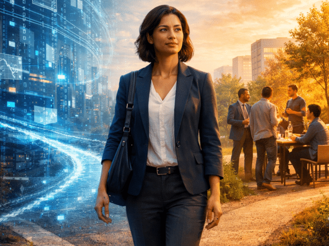 A confident professional woman stands at a crossroads between a glowing, futuristic AI data landscape and a warm, human-centered outdoor gathering, symbolizing judgment, adaptability, and communication in the future of work.