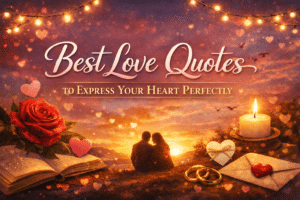 Romantic sunset scene with couple silhouette, rose, candle, and text ‘Best Love Quotes to Express Your Heart Perfectly’.