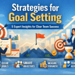 Strategies for Goal Setting: 5 Expert Tips for Clear Team Expectations 1 Illustration representing strategies for goal setting, featuring business professionals reviewing targets, SMART objectives, progress charts, and team accountability icons against a growth-themed background.