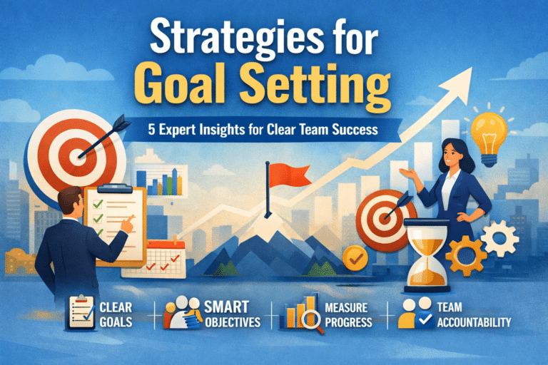 Home 4 Illustration representing strategies for goal setting, featuring business professionals reviewing targets, SMART objectives, progress charts, and team accountability icons against a growth-themed background.
