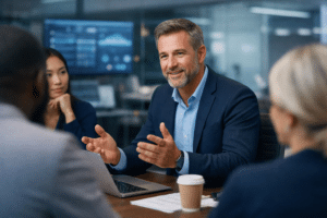 Senior tech executive demonstrating emotional intelligence in leadership meeting.