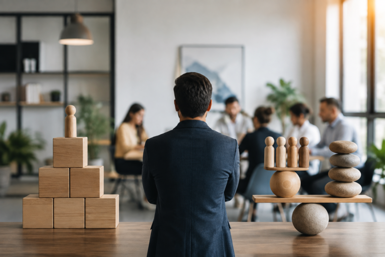 Modern Management style concept showing a manager leading a collaborative team in a contemporary office, representing flexible management, employee accountability, and high-performance workplace culture.